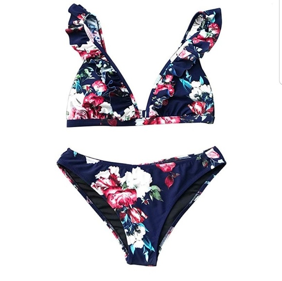 Cupshe Other - NWT Cupshe Navy Floral Ruffled Shoulder Bikini SM